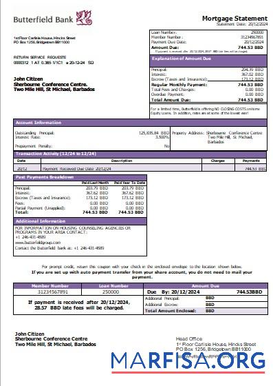 Printable Barbados Butterfield bank mortgage statement scr example